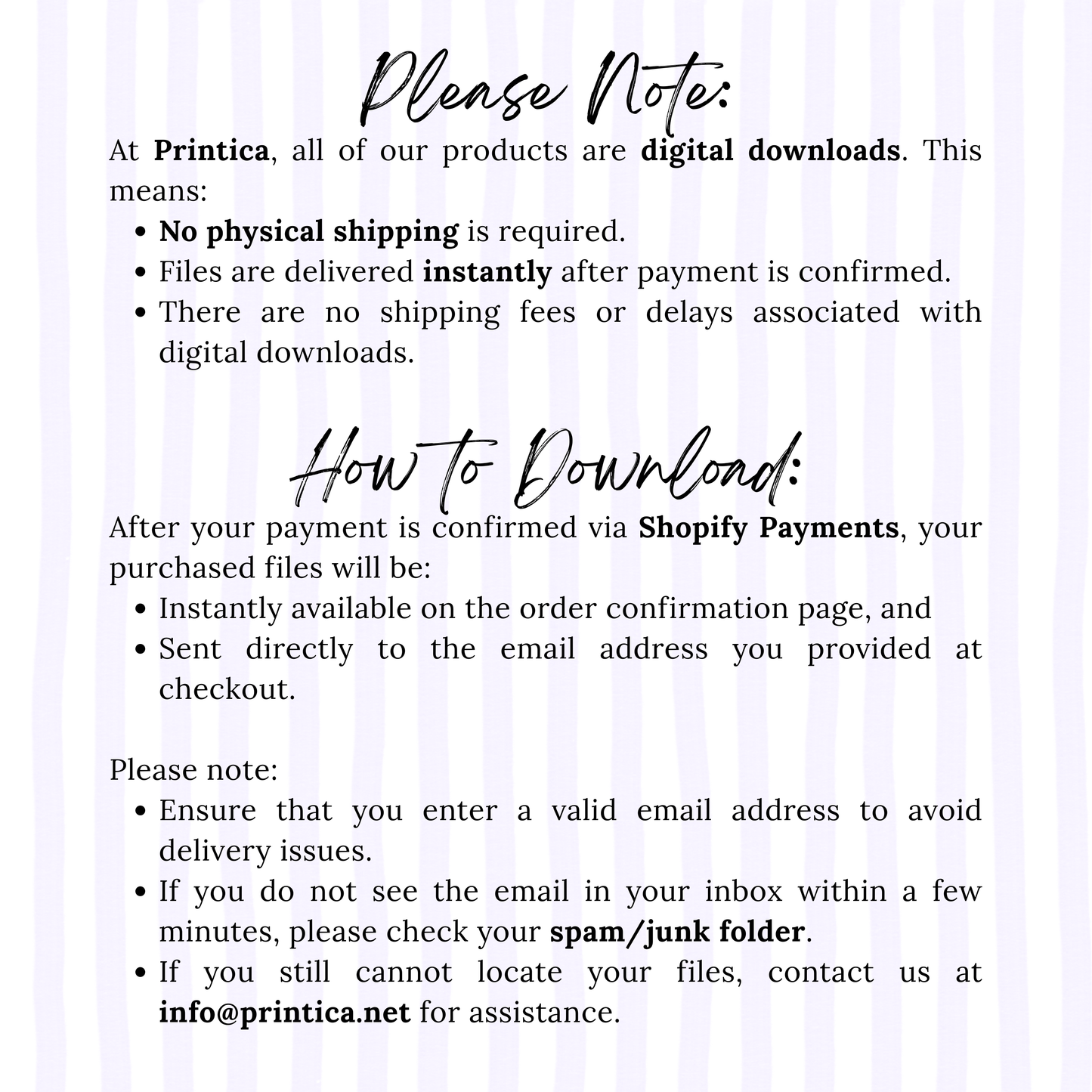 Instructions for digital downloads from Printica on a light purple background
