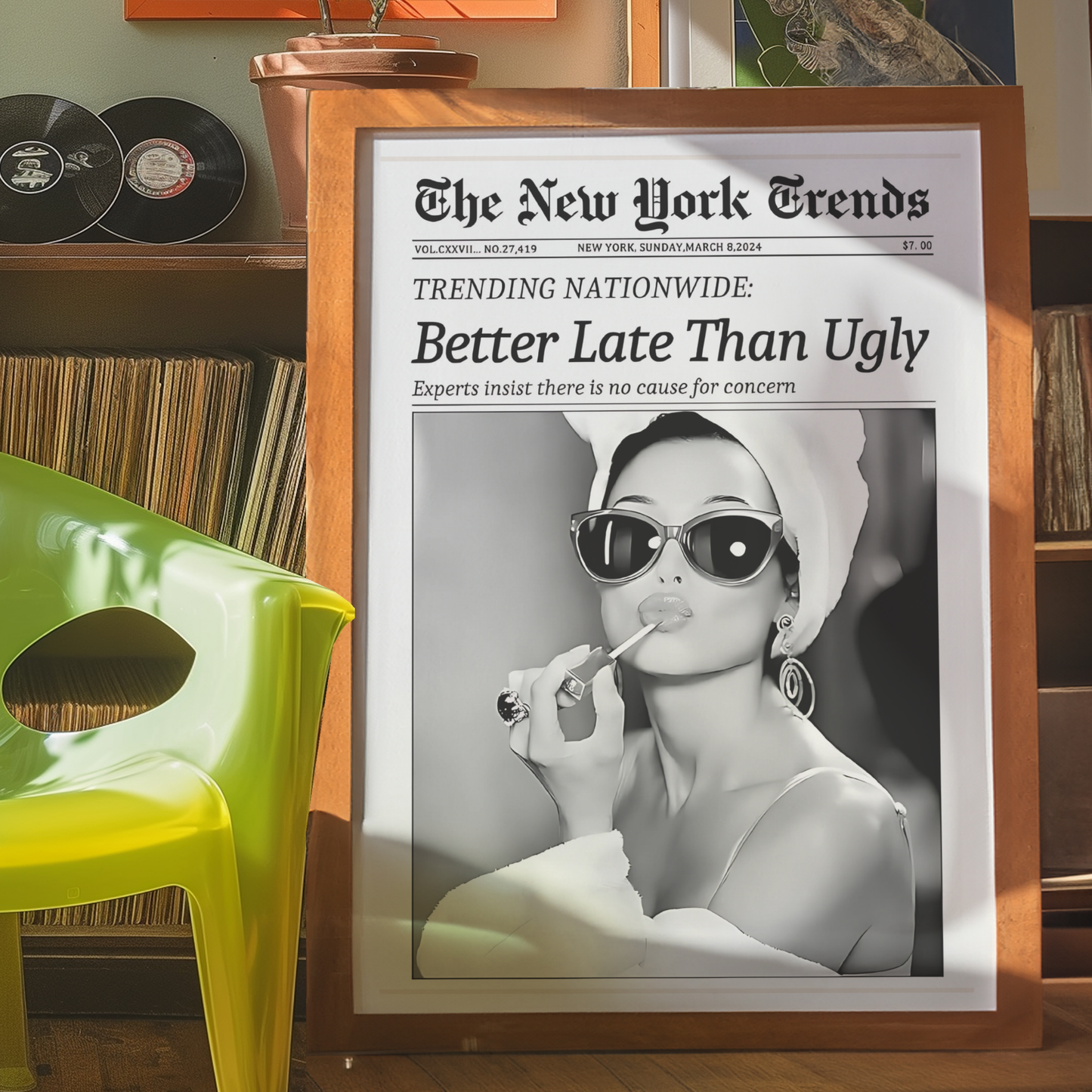 Better Late Than Ugly Poster Prints | Girly Retro Newspaper Wall Art