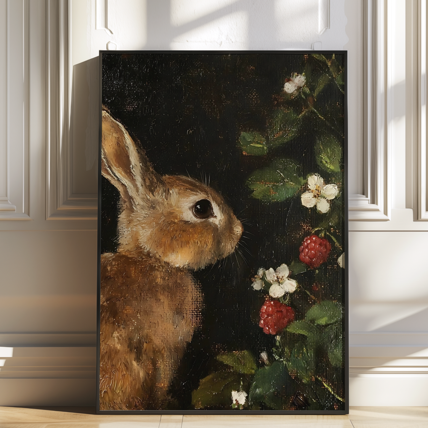 Dark Moody Bunny and Raspberry Wall Art | Vintage Botanical and Animal Prints | Whimsical Still Life Painting | Rustic Cottagecore Decor