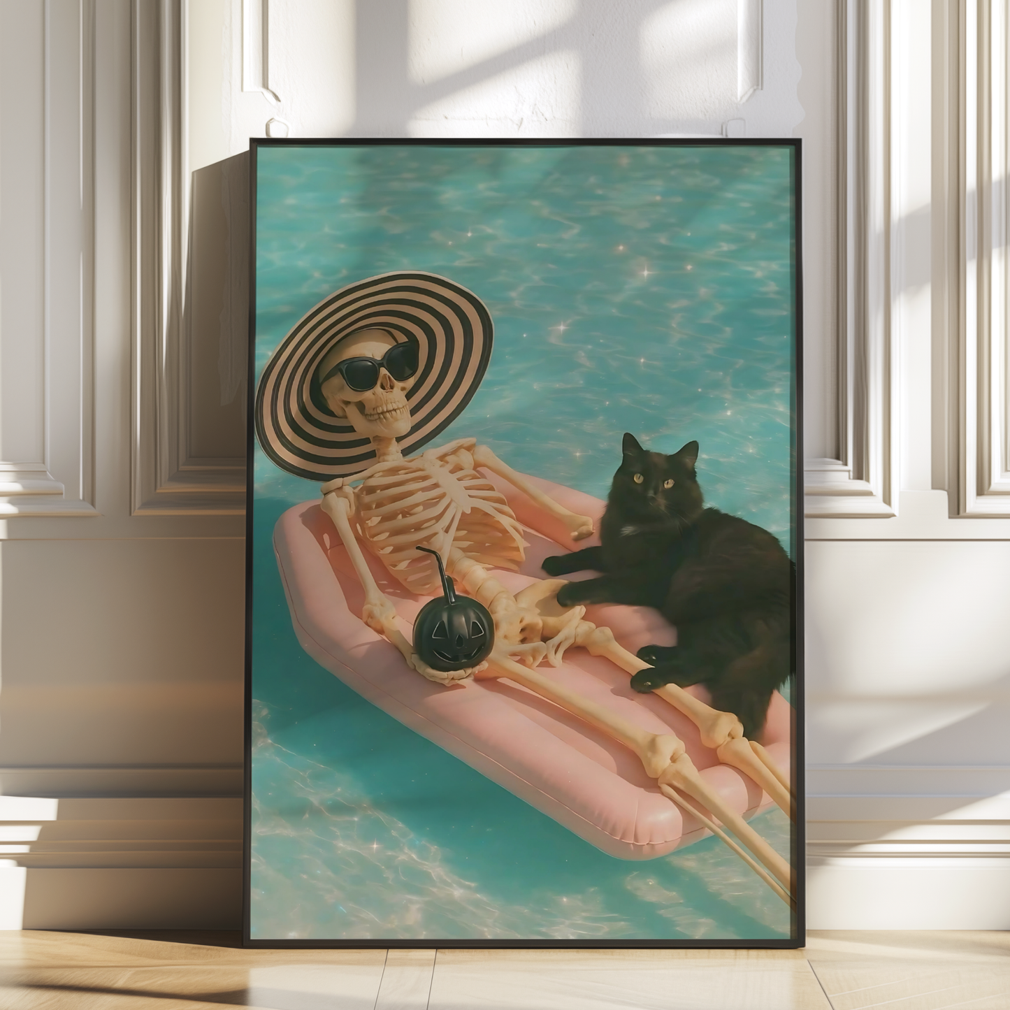 Funny Skeleton and Black Cat with a Bomb in a Pool Digital Print | Retro Spooky Summerween Printable Photography Poster for Halloween Decor