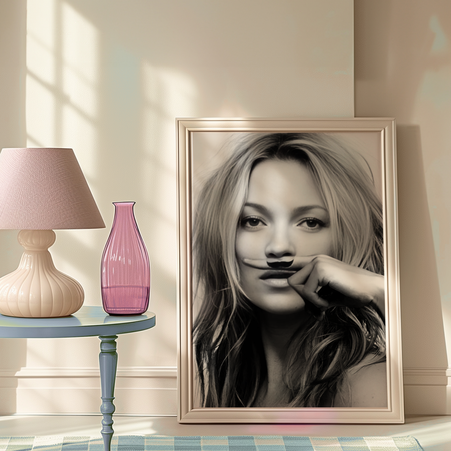 Retro Kate Moss Moustache Poster Prints | Girly Black and White Fashion Wall Art