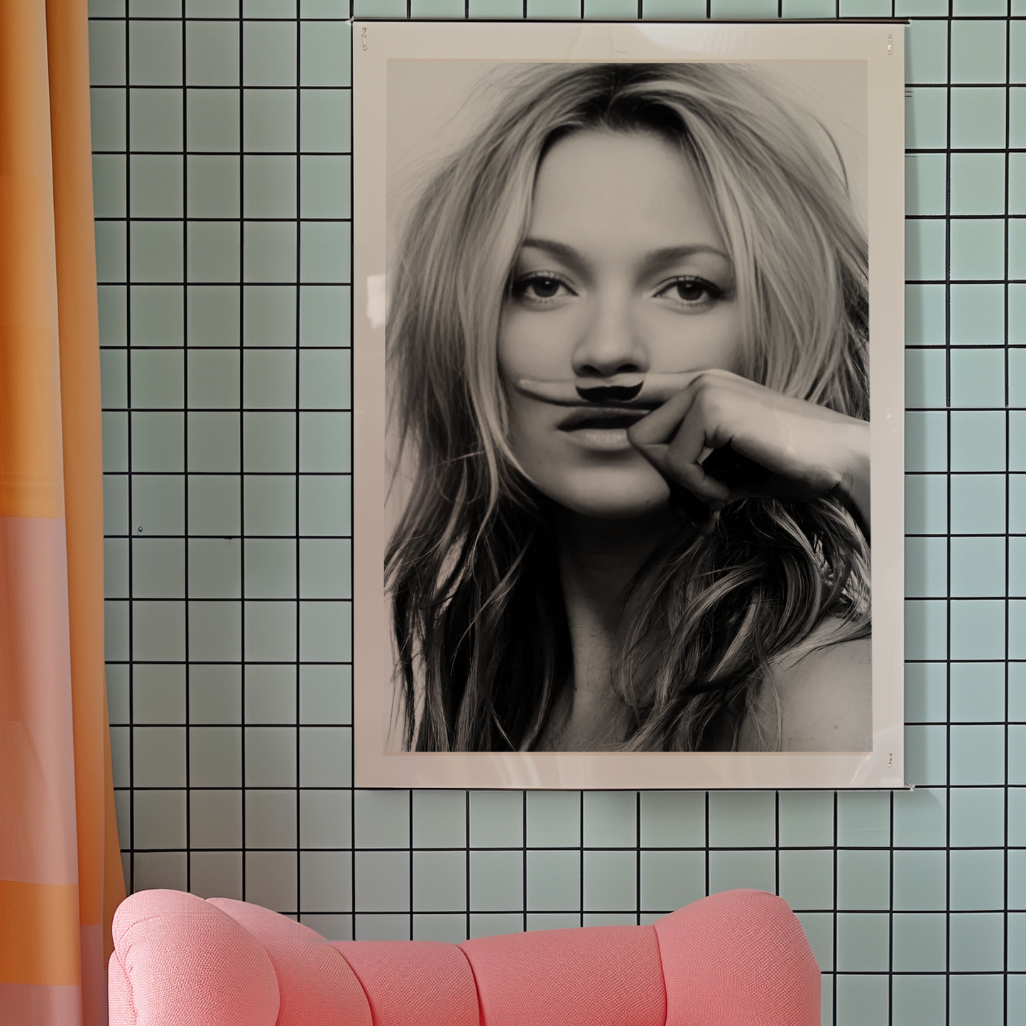 Retro Kate Moss Moustache Poster Prints | Girly Black and White Fashion Wall Art