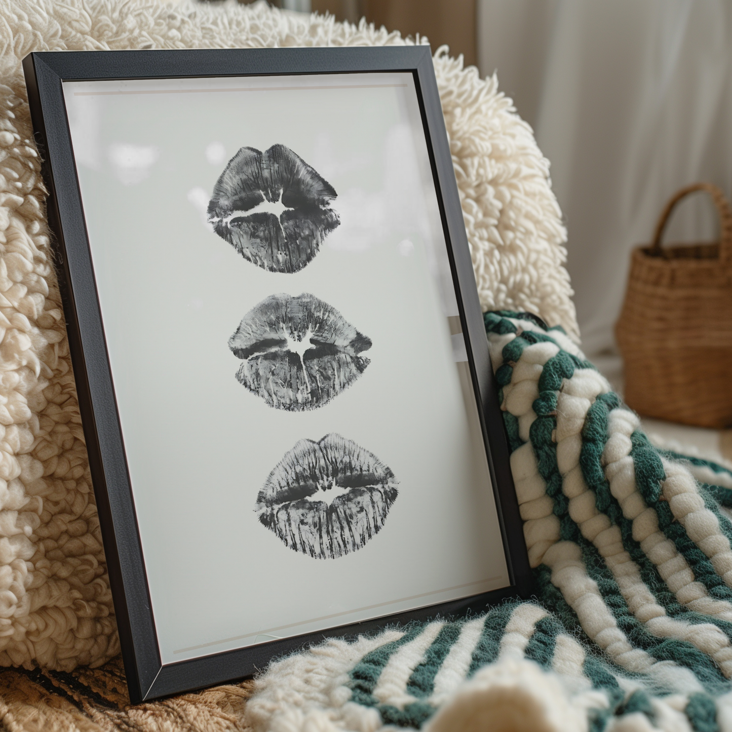 Retro Kiss Cool Girl Poster Prints | Girly Black and White Lips Fashion Wall Art