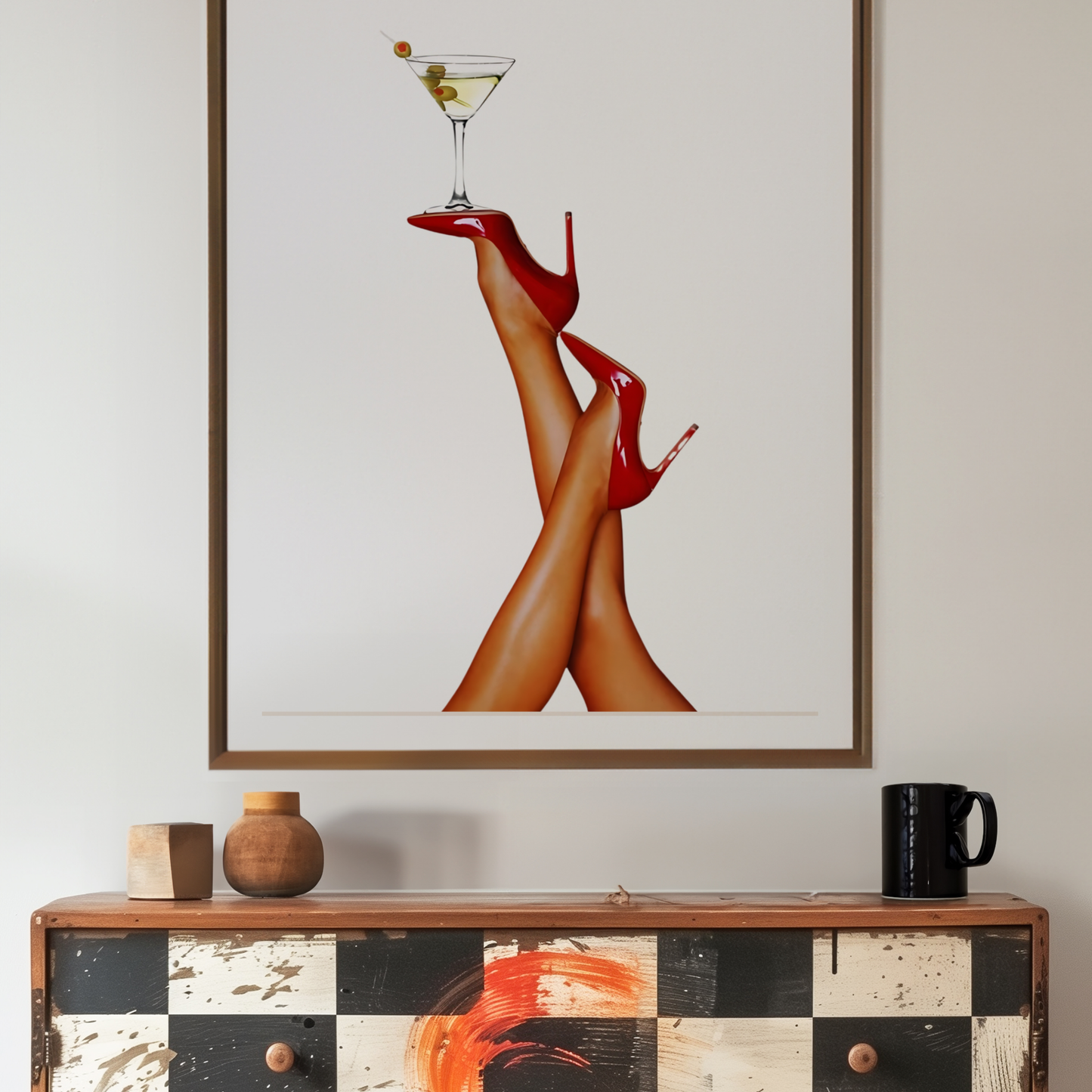 Retro Martini Cocktail Wall Art | Girly Red Heels Poster Prints