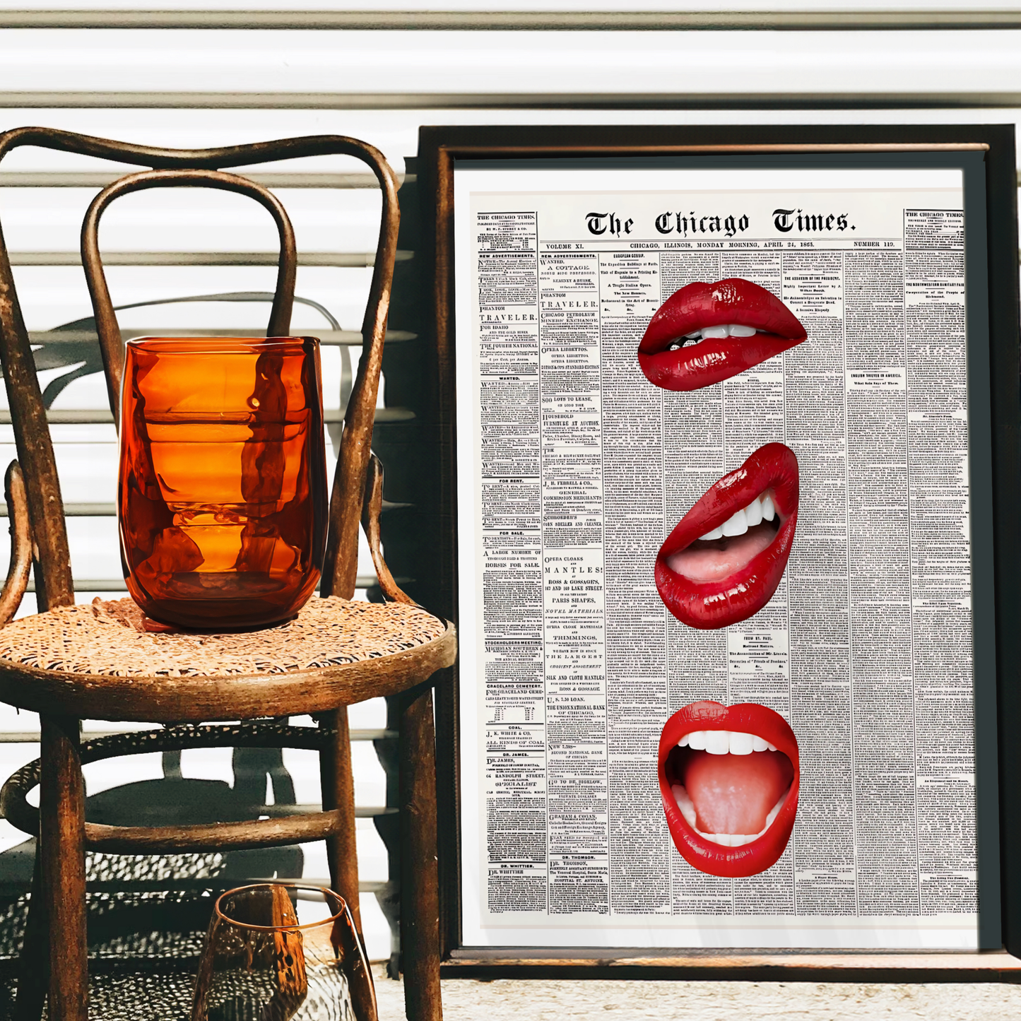 Retro Red Kiss Newspaper Poster Prints | Girly Black and White Lips Fashion Wall Art