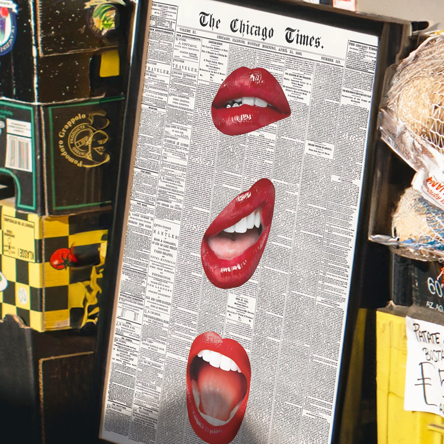 Retro Red Kiss Newspaper Poster Prints | Girly Black and White Lips Fashion Wall Art