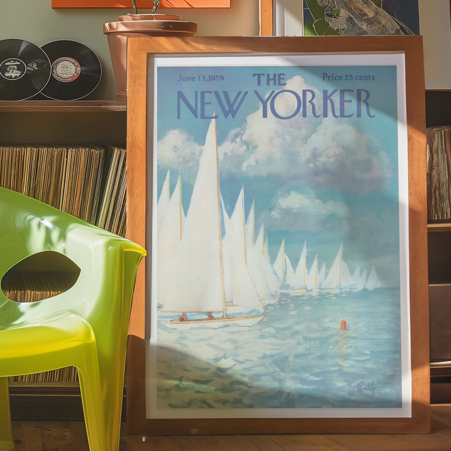 Framed New Yorker magazine cover with sailboats on a shelf with records and a green chair.