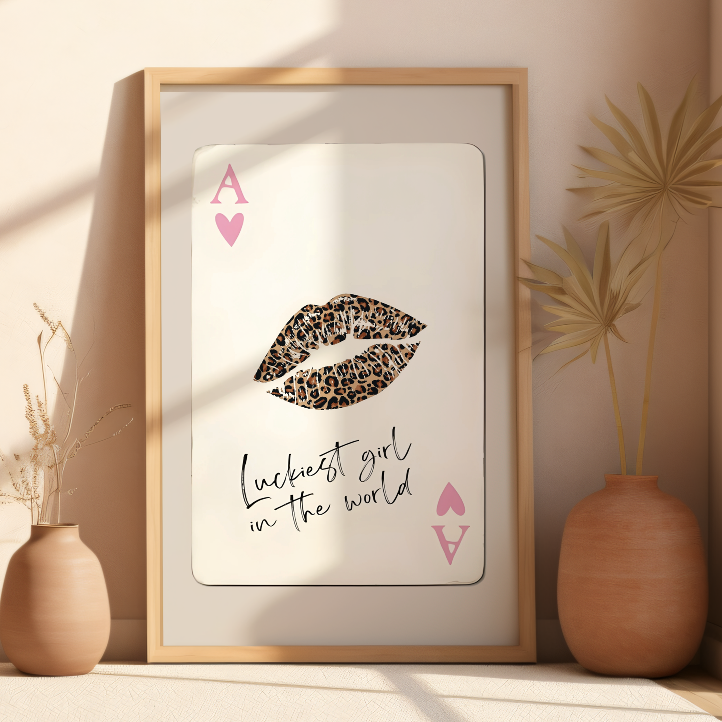 trendy playing card and leopard lips kiss wall art poster prints - luckiest girl in the world
