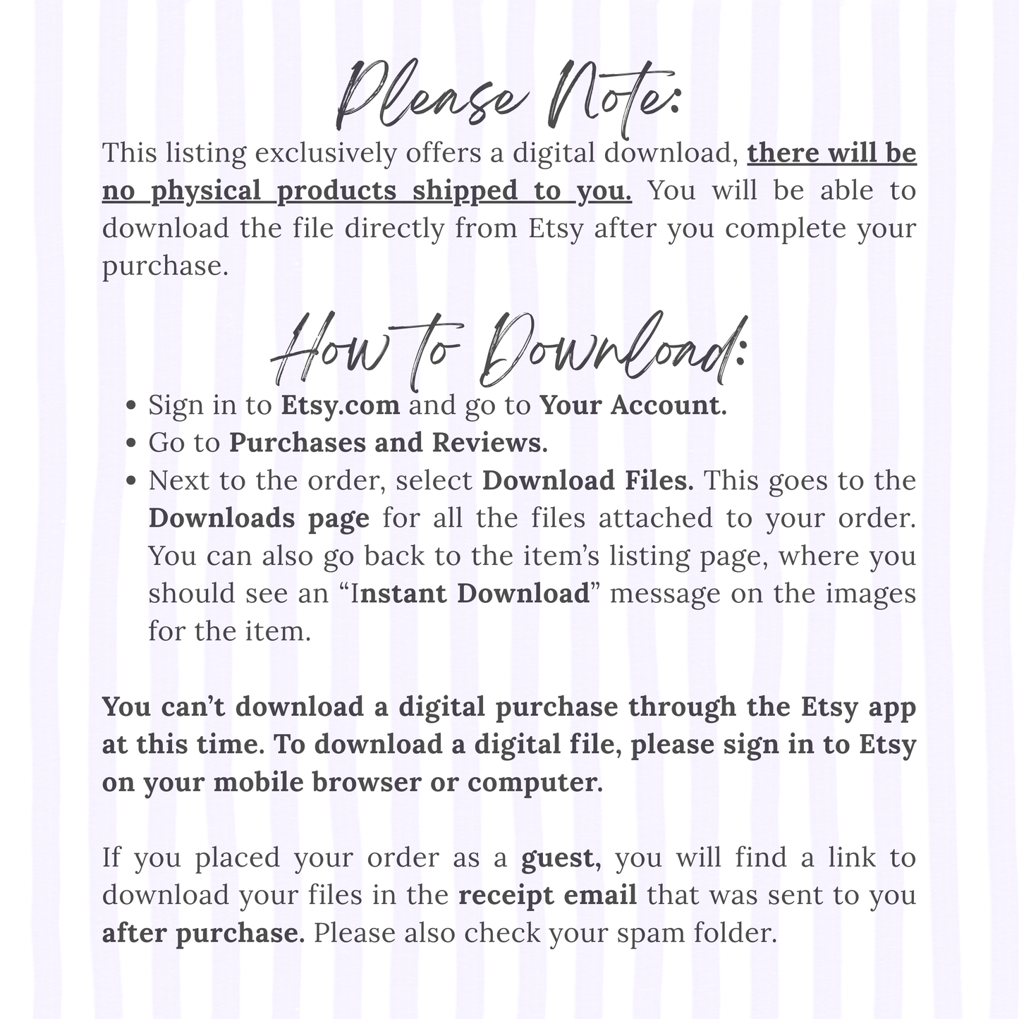 Instructions for downloading a digital purchase from Etsy on a white background