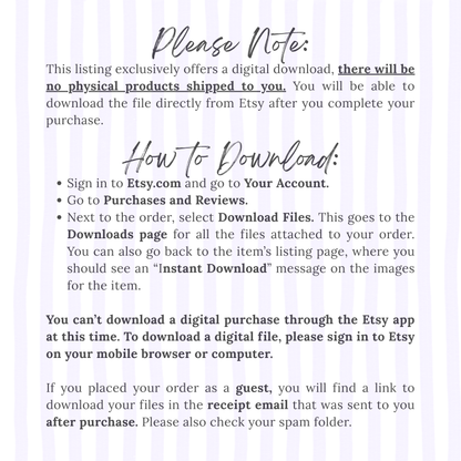 Instructions for downloading a digital purchase from Etsy on a white background
