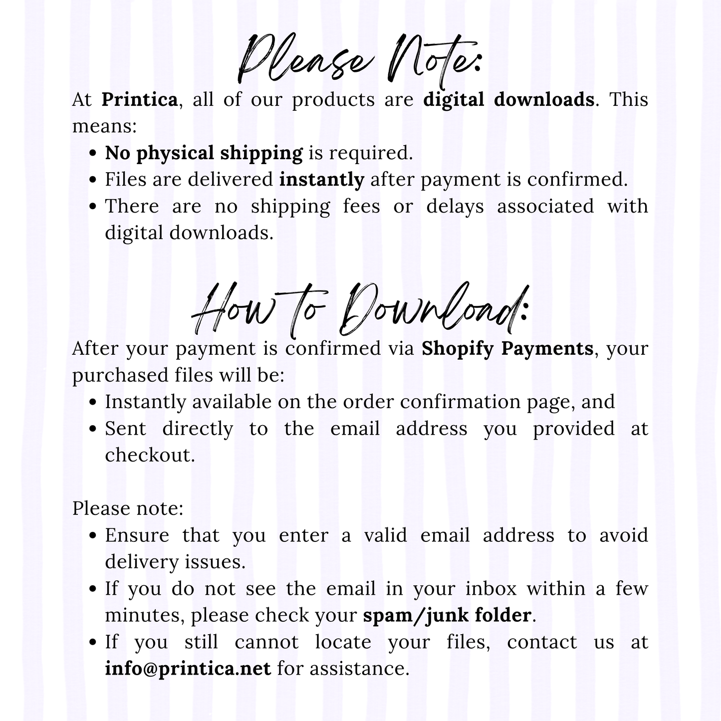 Instructions for digital downloads from Printica on a white background