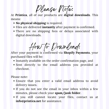 Instructions for digital downloads at Printica on a light purple background