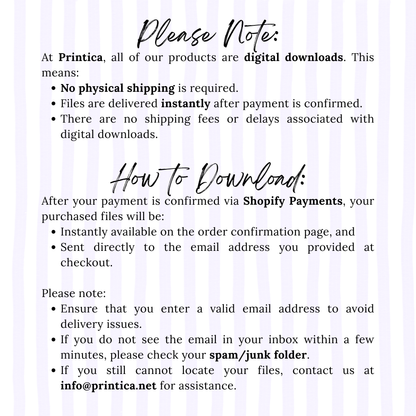 Instructions for digital downloads from Printica on a light purple background