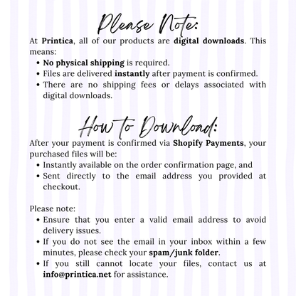 Instructions for digital downloads from Printica on a white background