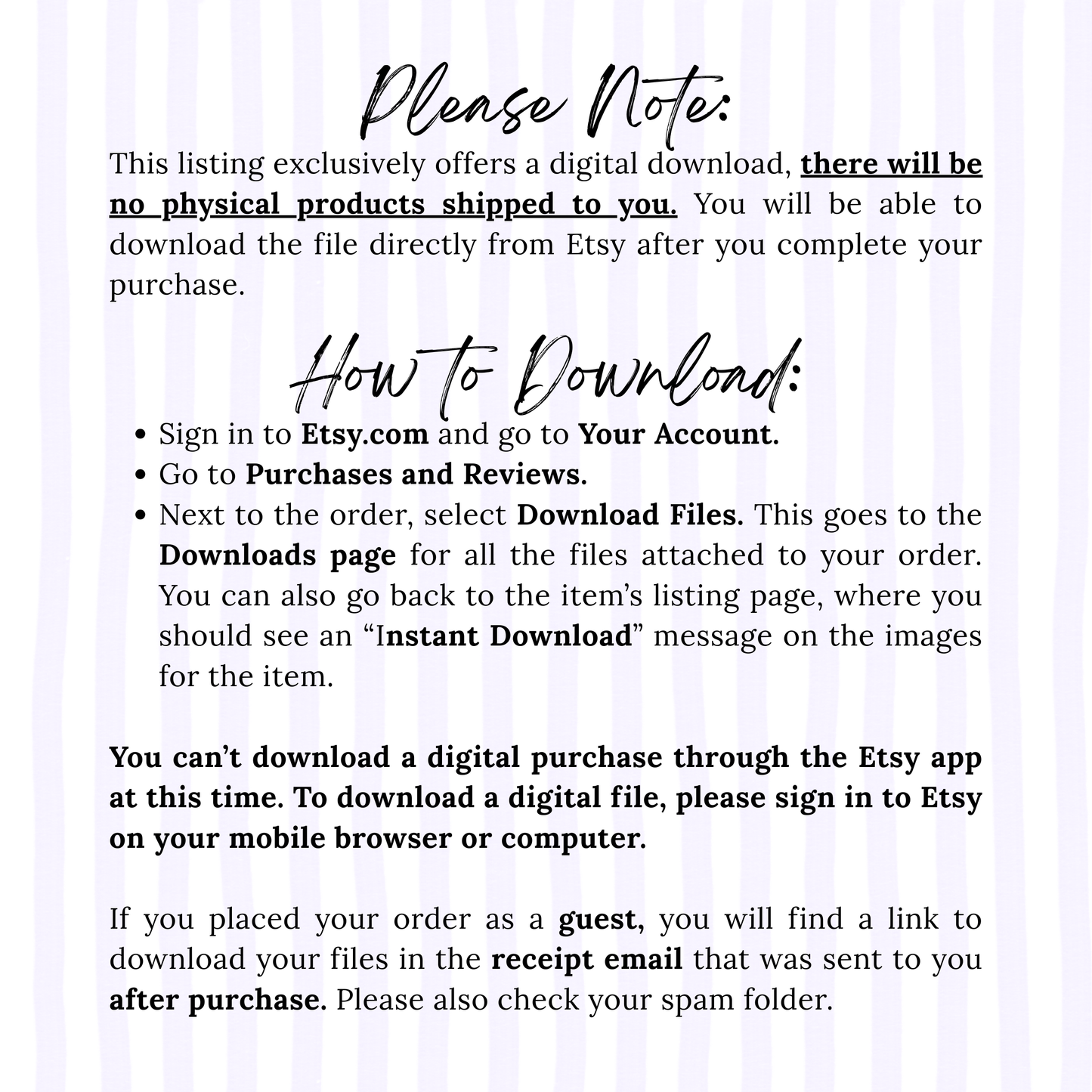 Instructions for downloading a digital purchase from Etsy on a white background