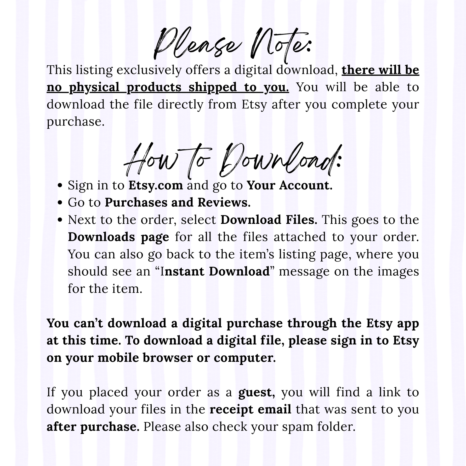 Instructions for downloading a digital purchase from Etsy on a white background