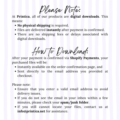 Instructions for digital downloads from Printica on a light purple background