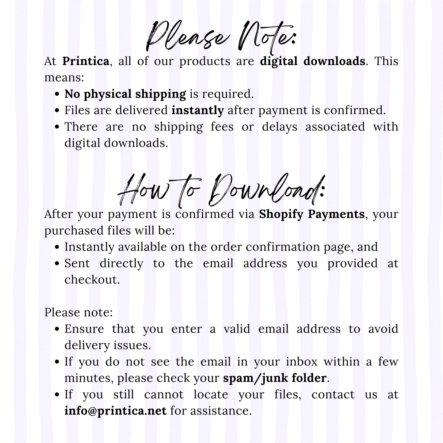 Instructions for digital downloads at Printica with a light purple background