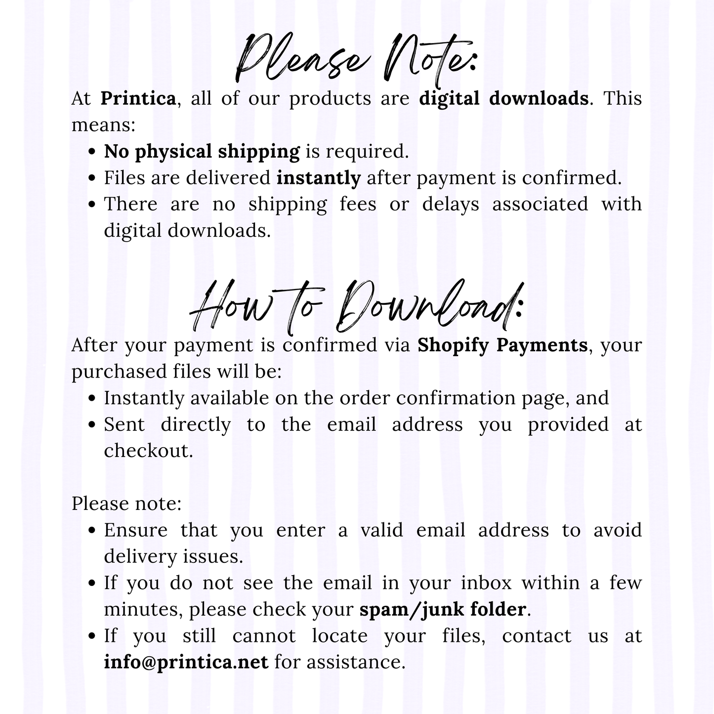 Instructions for digital downloads from Printica on a white background with black text.
