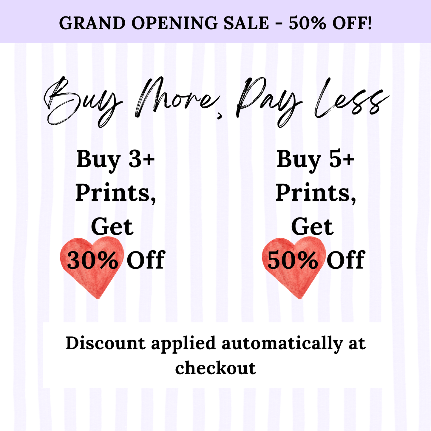 Promotional flyer for a grand opening sale with discount text and heart graphics on a striped background.