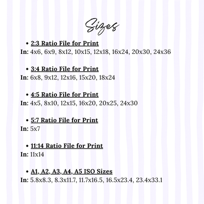 List of print file ratio sizes with corresponding dimensions on a light purple background.