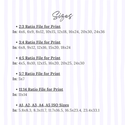 List of print file ratio sizes with corresponding dimensions on a light purple background.
