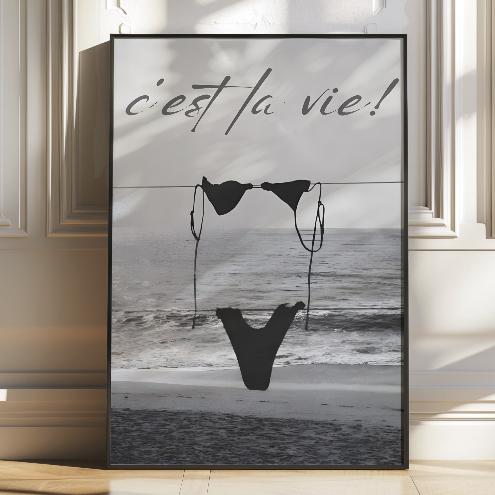 Cool Black and White Cest La Vie Bikini Print | Girly Coastal Beach Wall Art | Trendy Aesthetic Bedroom Poster | Stockholm Style Room Decor