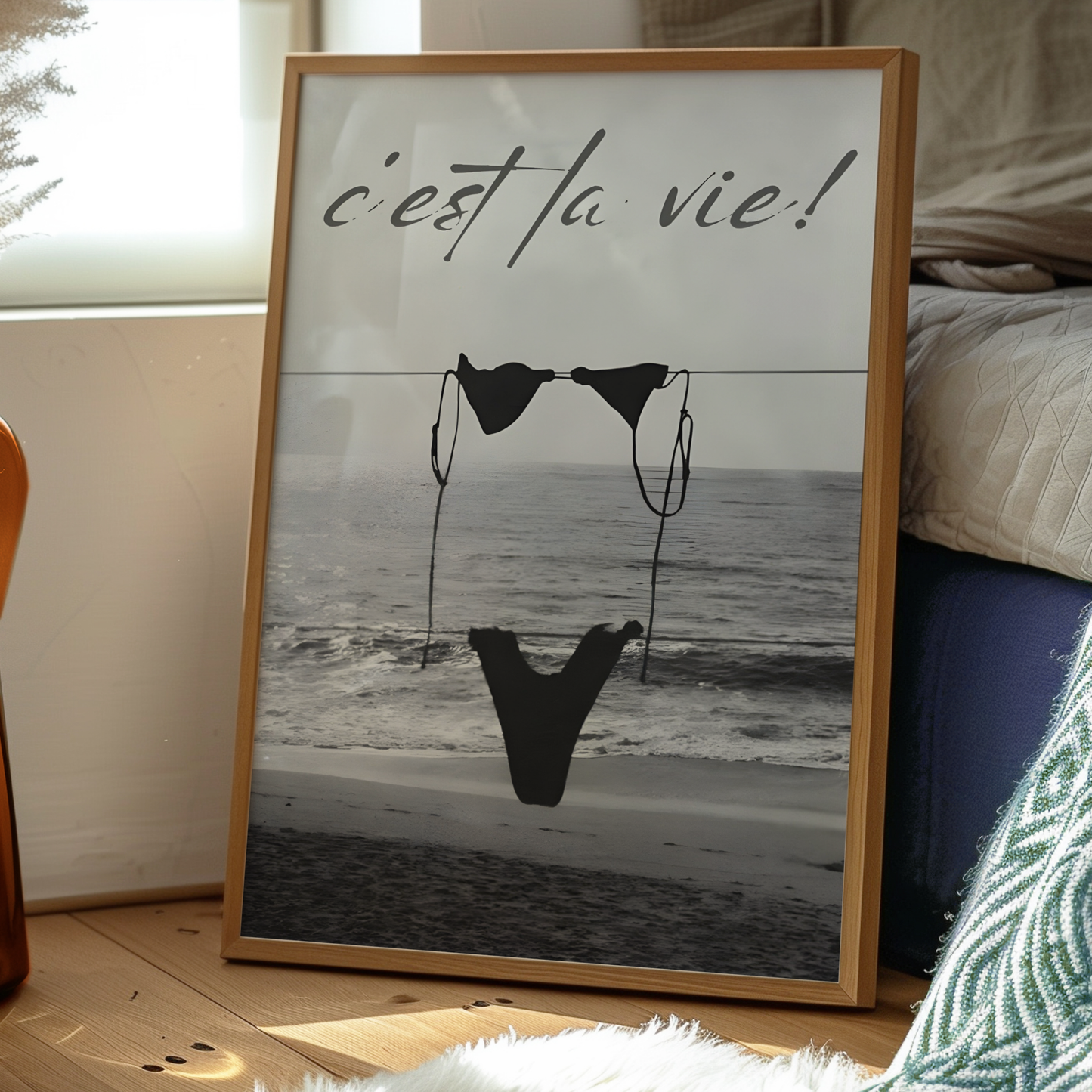 Cool Black and White Cest La Vie Bikini Print | Girly Coastal Beach Wall Art | Trendy Aesthetic Bedroom Poster | Stockholm Style Room Decor