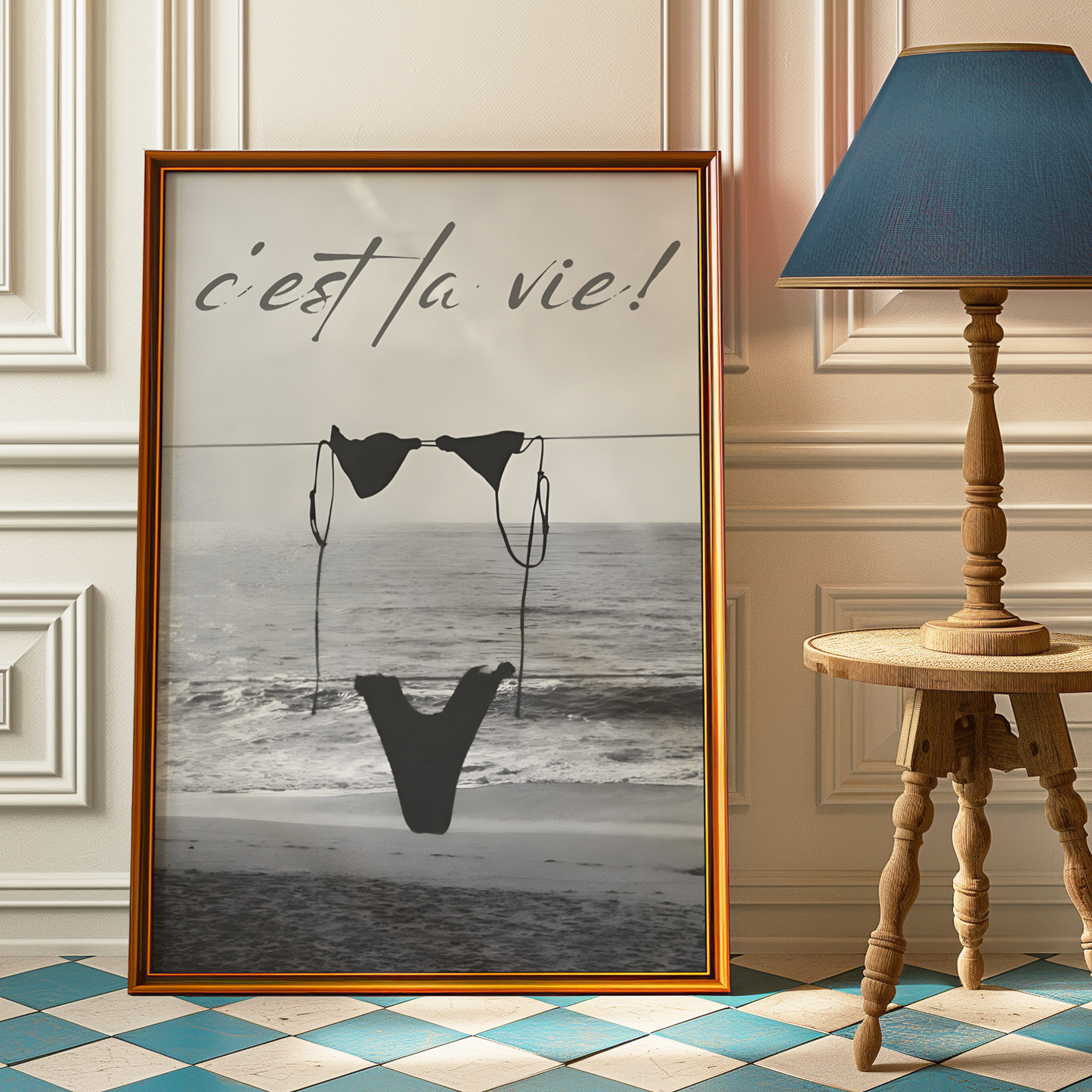 Cool Black and White Cest La Vie Bikini Print | Girly Coastal Beach Wall Art | Trendy Aesthetic Bedroom Poster | Stockholm Style Room Decor