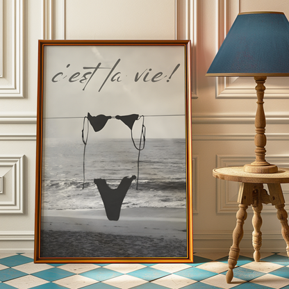 Cool Black and White Cest La Vie Bikini Print | Girly Coastal Beach Wall Art | Trendy Aesthetic Bedroom Poster | Stockholm Style Room Decor
