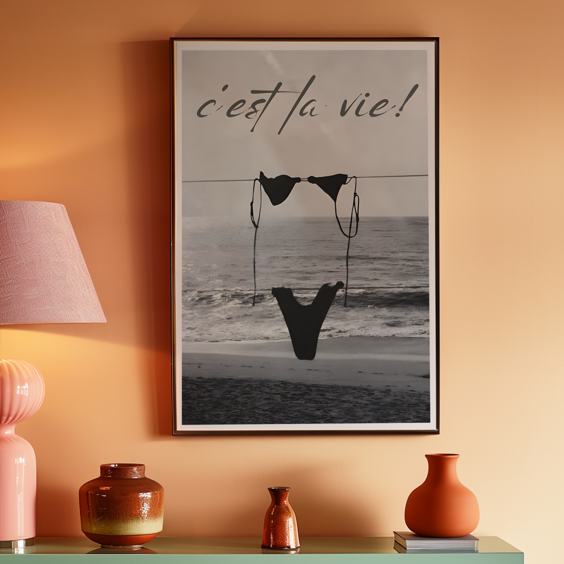 Cool Black and White Cest La Vie Bikini Print | Girly Coastal Beach Wall Art | Trendy Aesthetic Bedroom Poster | Stockholm Style Room Decor