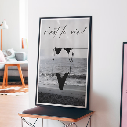 Cool Black and White Cest La Vie Bikini Print | Girly Coastal Beach Wall Art | Trendy Aesthetic Bedroom Poster | Stockholm Style Room Decor