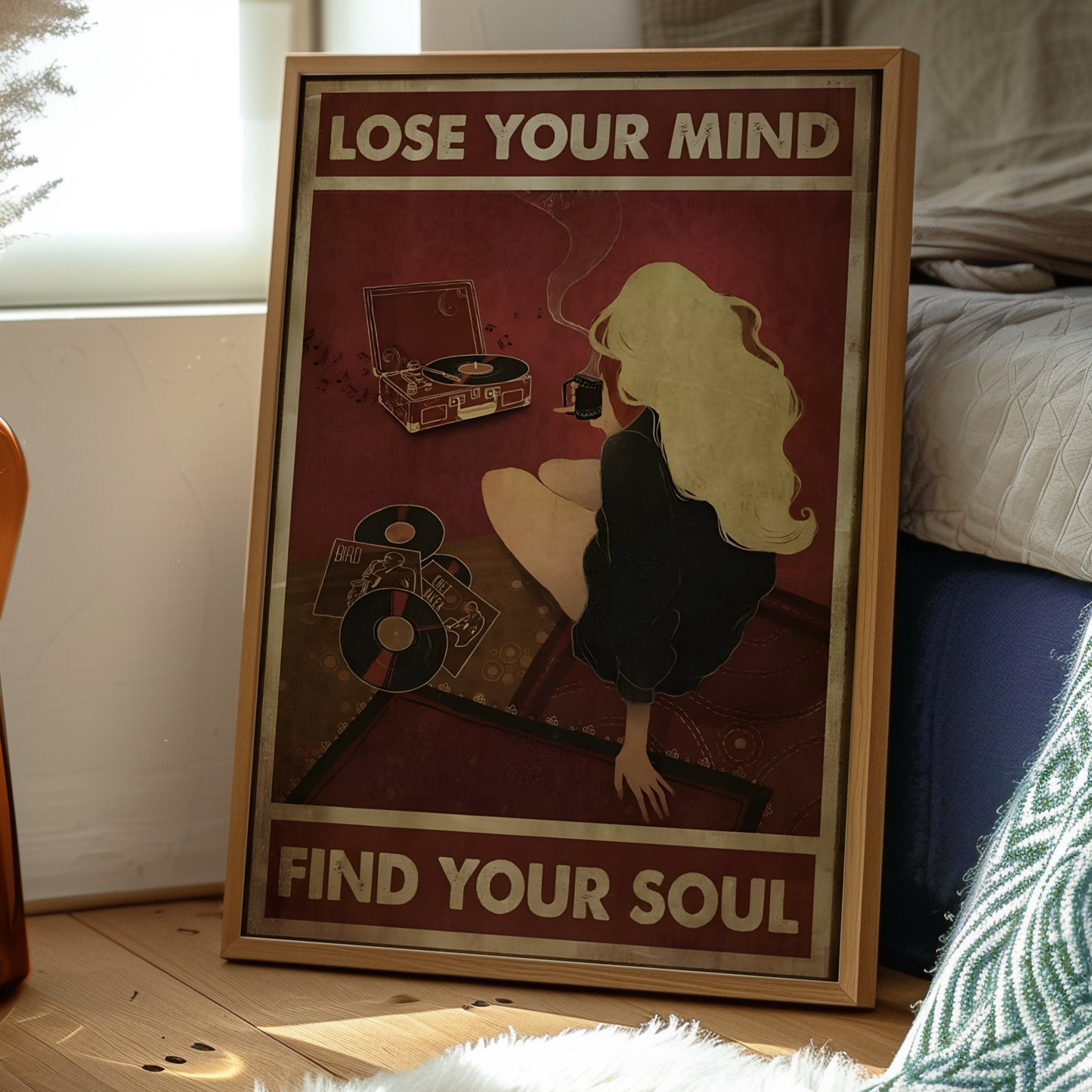 Cool Vintage Cherry Red Music and Coffee Poster Prints | Girly Lost Your Mind Find Your Soul Wall Art | Trendy Aesthetic Bedroom Decor