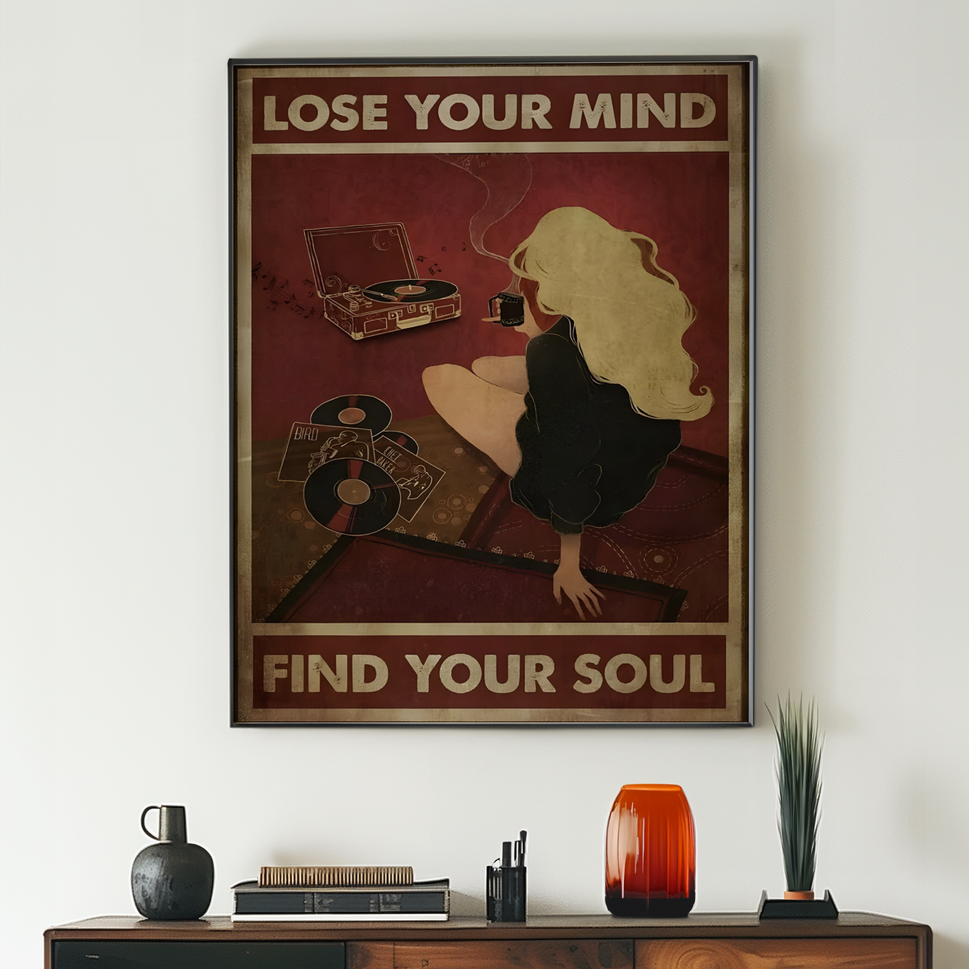 Cool Vintage Cherry Red Music and Coffee Poster Prints | Girly Lost Your Mind Find Your Soul Wall Art | Trendy Aesthetic Bedroom Decor