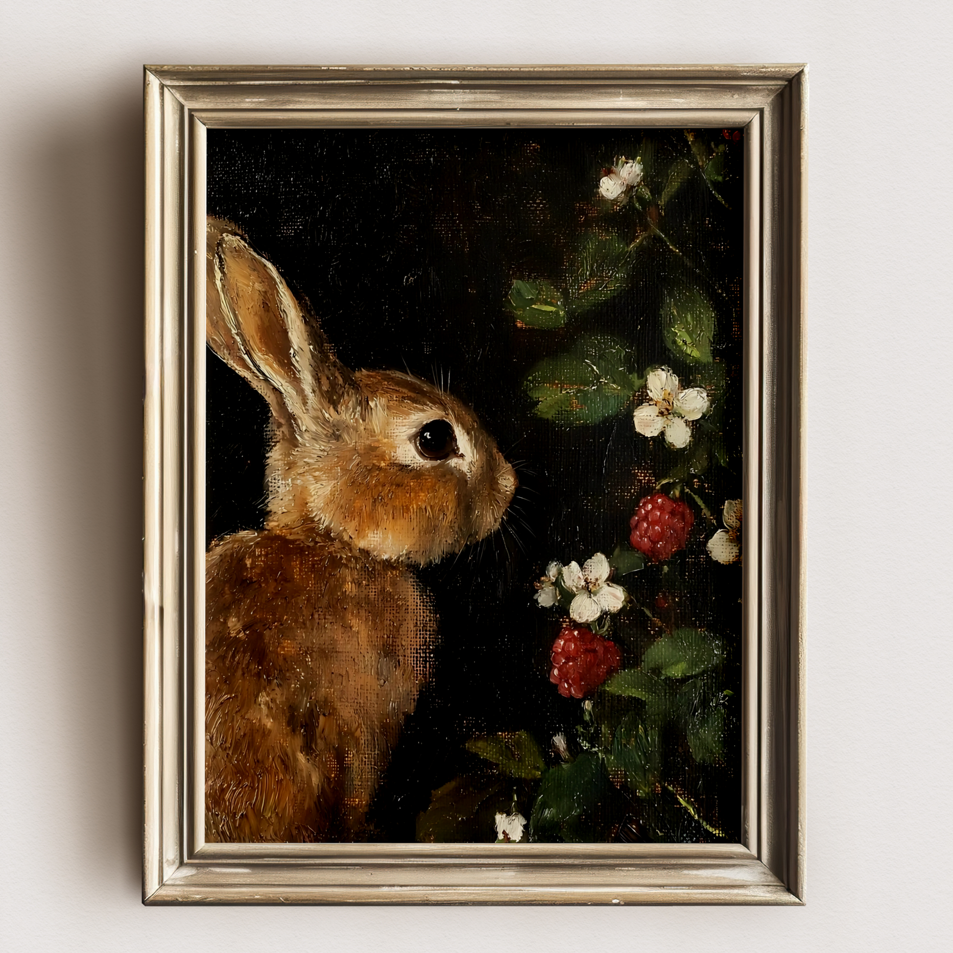 Dark Moody Bunny and Raspberry Wall Art | Vintage Botanical and Animal Prints | Whimsical Still Life Painting | Rustic Cottagecore Decor