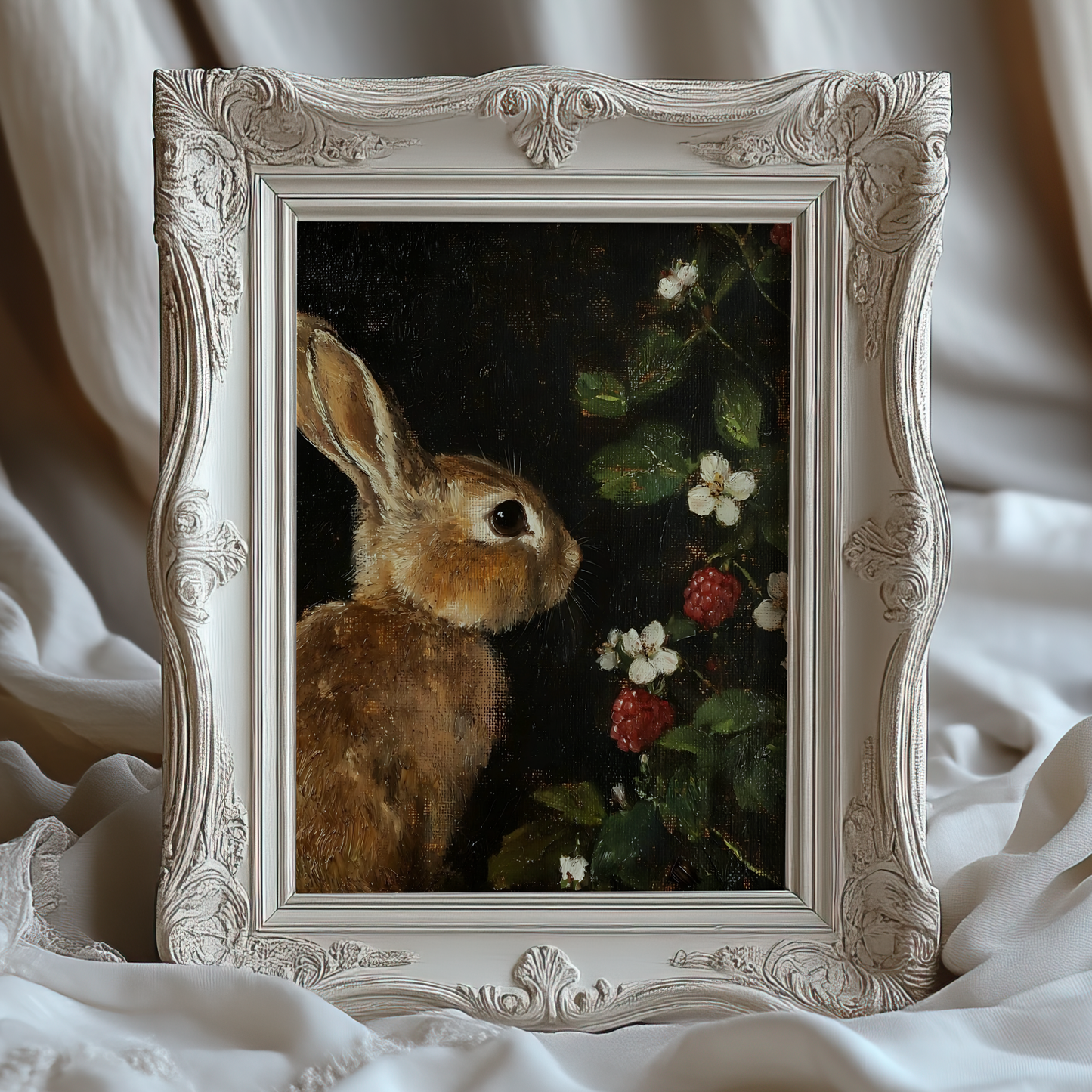 Dark Moody Bunny and Raspberry Wall Art | Vintage Botanical and Animal Prints | Whimsical Still Life Painting | Rustic Cottagecore Decor