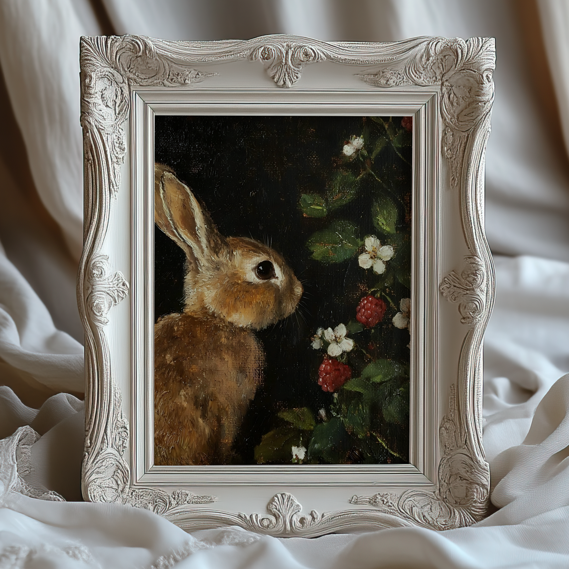 Dark Moody Bunny and Raspberry Wall Art | Vintage Botanical and Animal Prints | Whimsical Still Life Painting | Rustic Cottagecore Decor