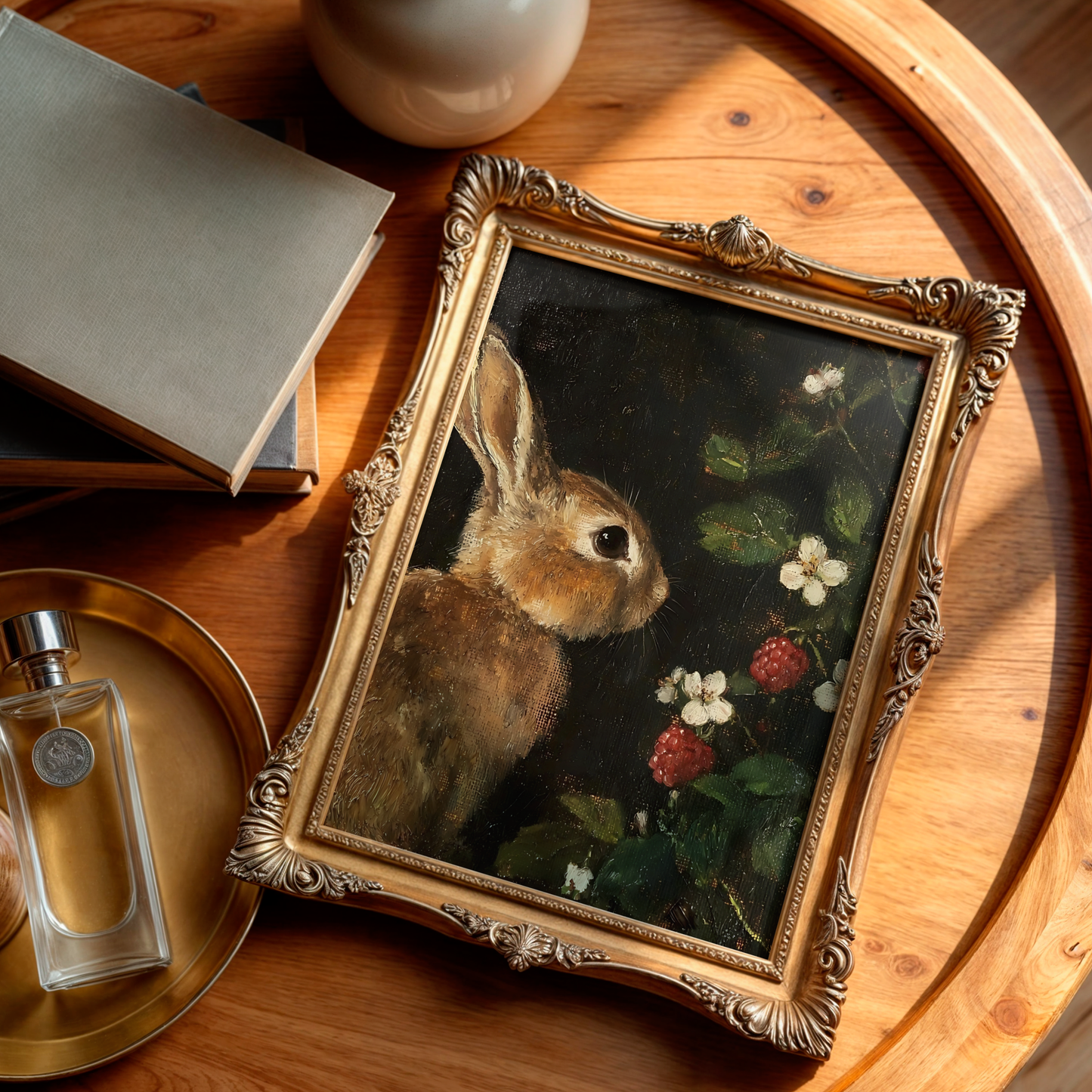 Dark Moody Bunny and Raspberry Wall Art | Vintage Botanical and Animal Prints | Whimsical Still Life Painting | Rustic Cottagecore Decor