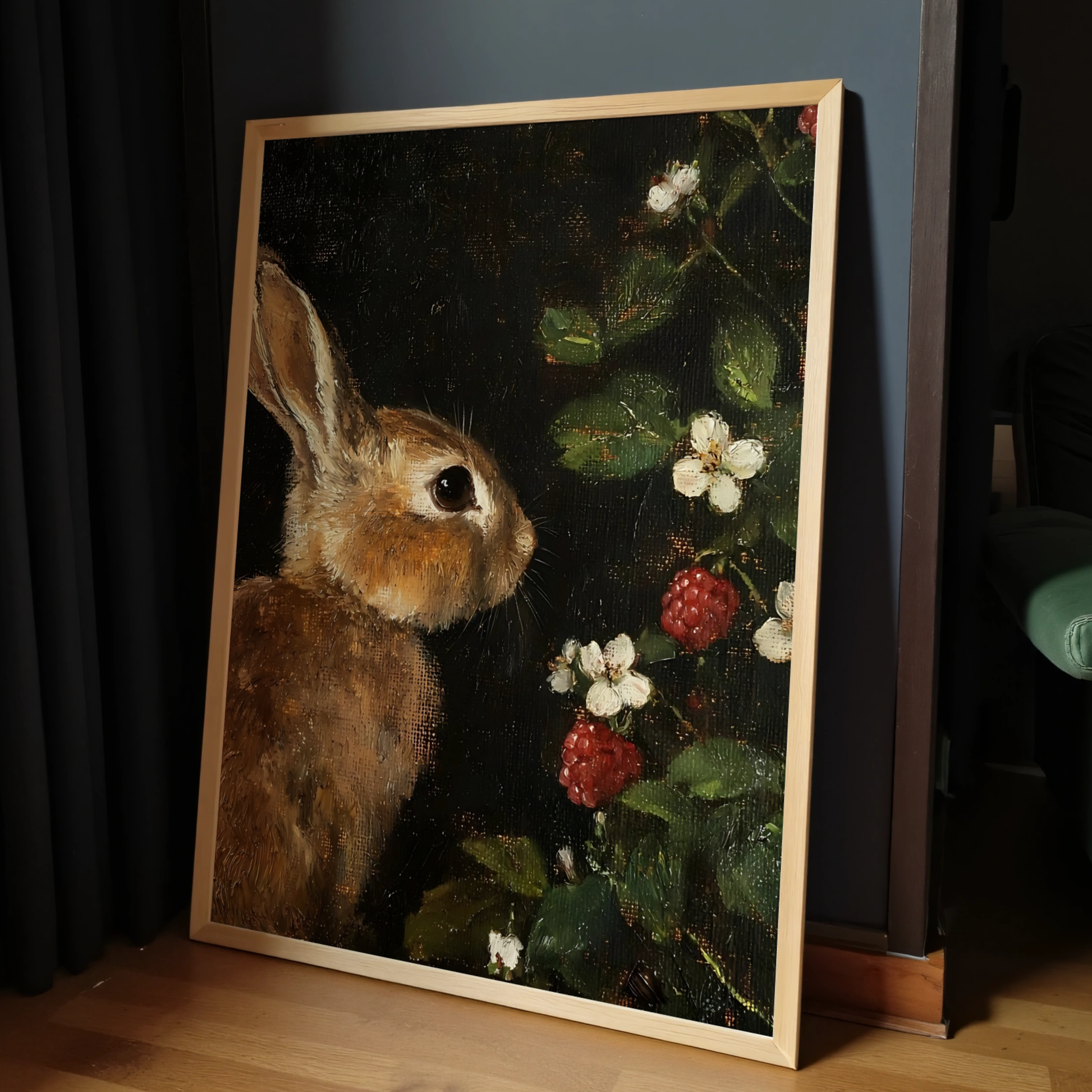 Dark Moody Bunny and Raspberry Wall Art | Vintage Botanical and Animal Prints | Whimsical Still Life Painting | Rustic Cottagecore Decor