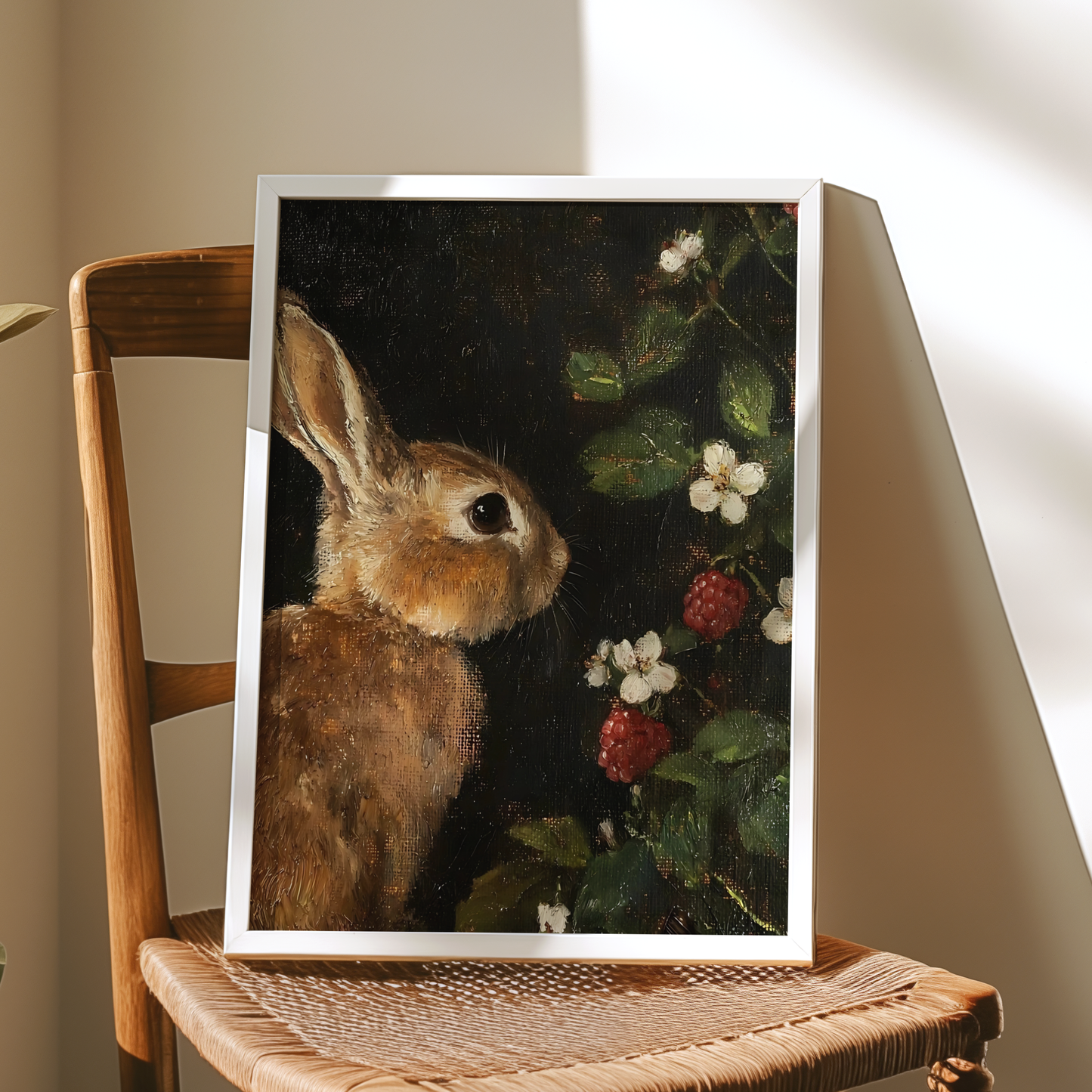 Dark Moody Bunny and Raspberry Wall Art | Vintage Botanical and Animal Prints | Whimsical Still Life Painting | Rustic Cottagecore Decor