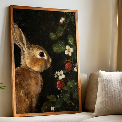 Dark Moody Bunny and Raspberry Wall Art | Vintage Botanical and Animal Prints | Whimsical Still Life Painting | Rustic Cottagecore Decor