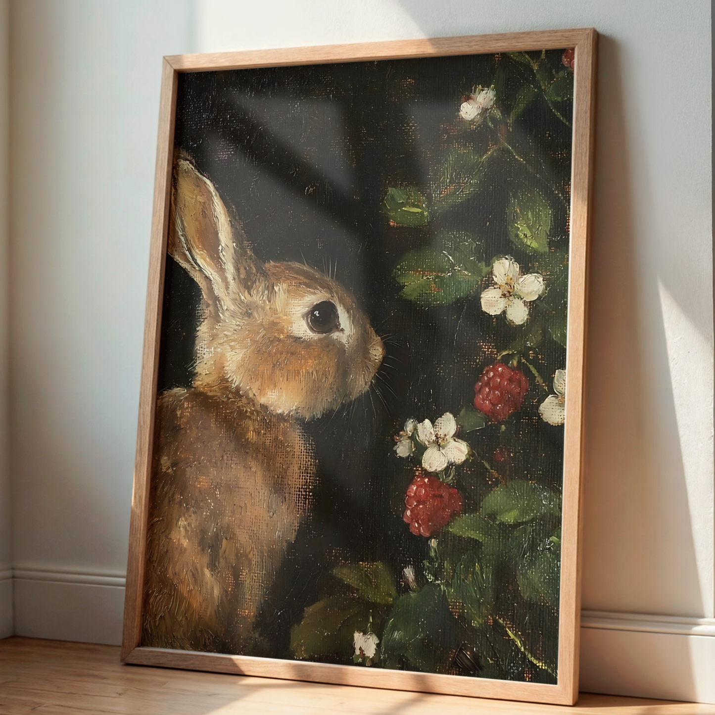 Dark Moody Bunny and Raspberry Wall Art | Vintage Botanical and Animal Prints | Whimsical Still Life Painting | Rustic Cottagecore Decor