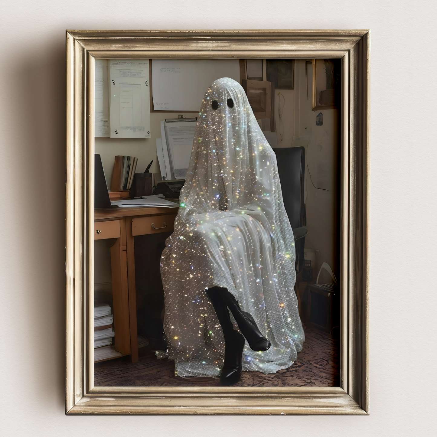 Funny Glitter Working Ghost Digital Print | Spooky Halloween Fall Printable Photography Poster | Retro Wall Art for Home Office Decor