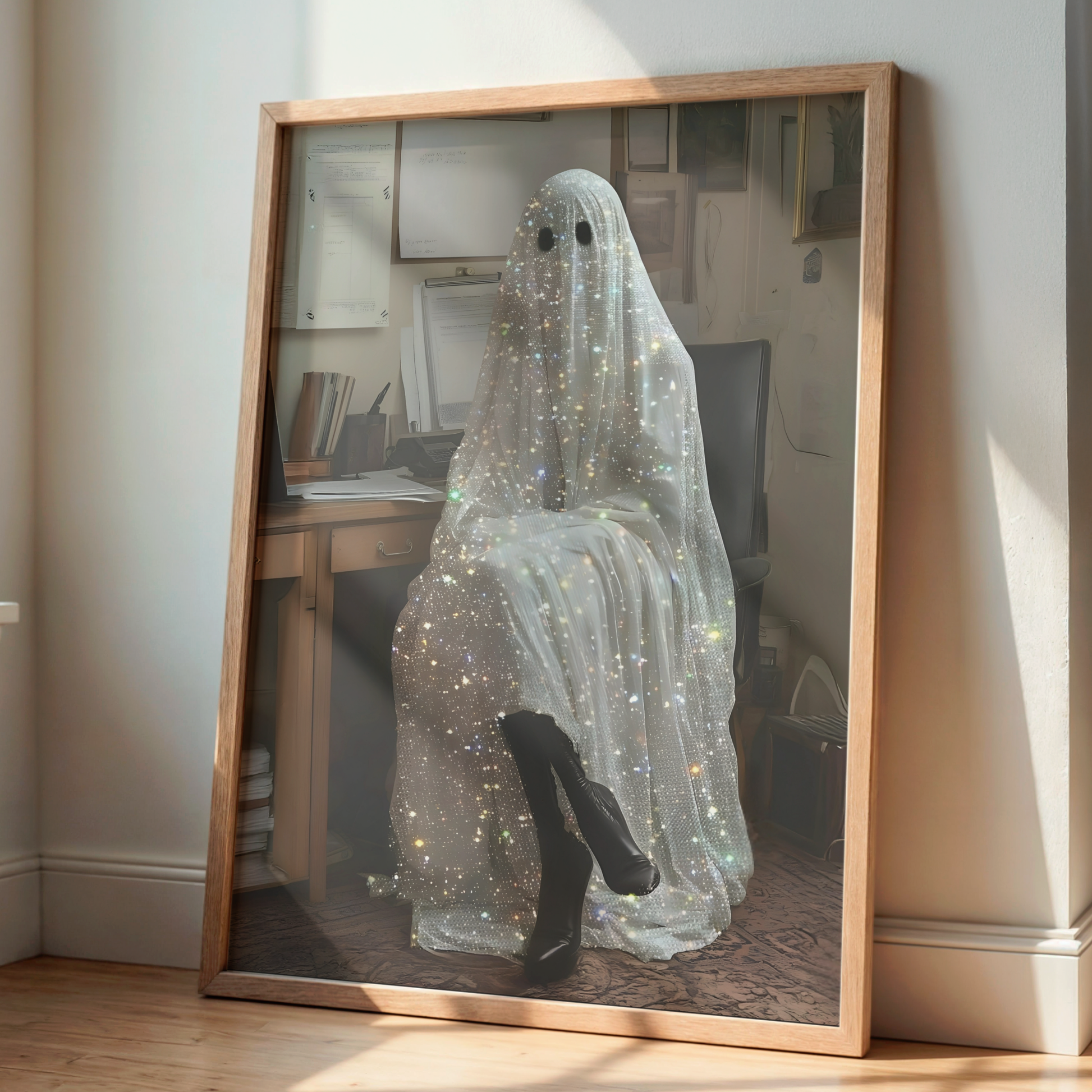 Funny Glitter Working Ghost Digital Print | Spooky Halloween Fall Printable Photography Poster | Retro Wall Art for Home Office Decor