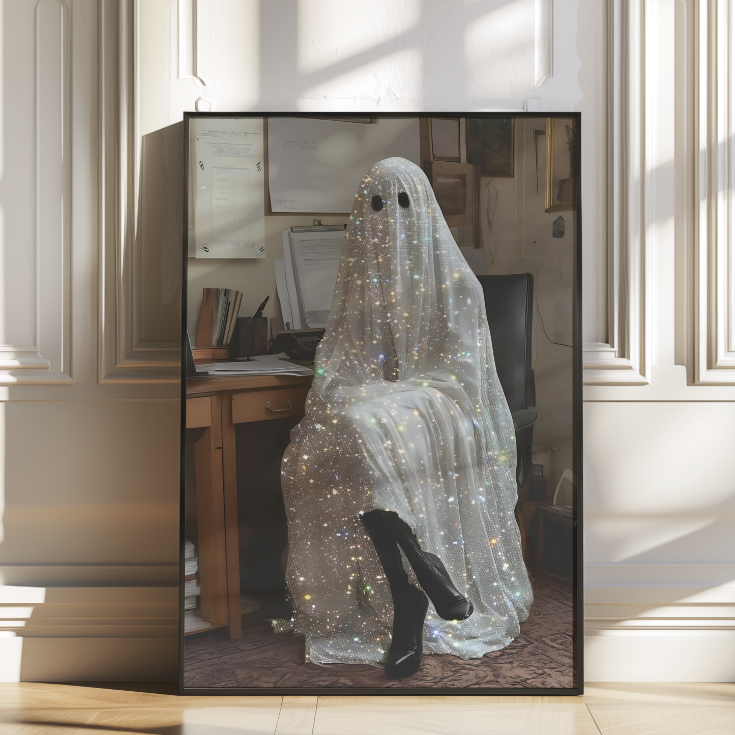 Funny Glitter Working Ghost Digital Print | Spooky Halloween Fall Printable Photography Poster | Retro Wall Art for Home Office Decor