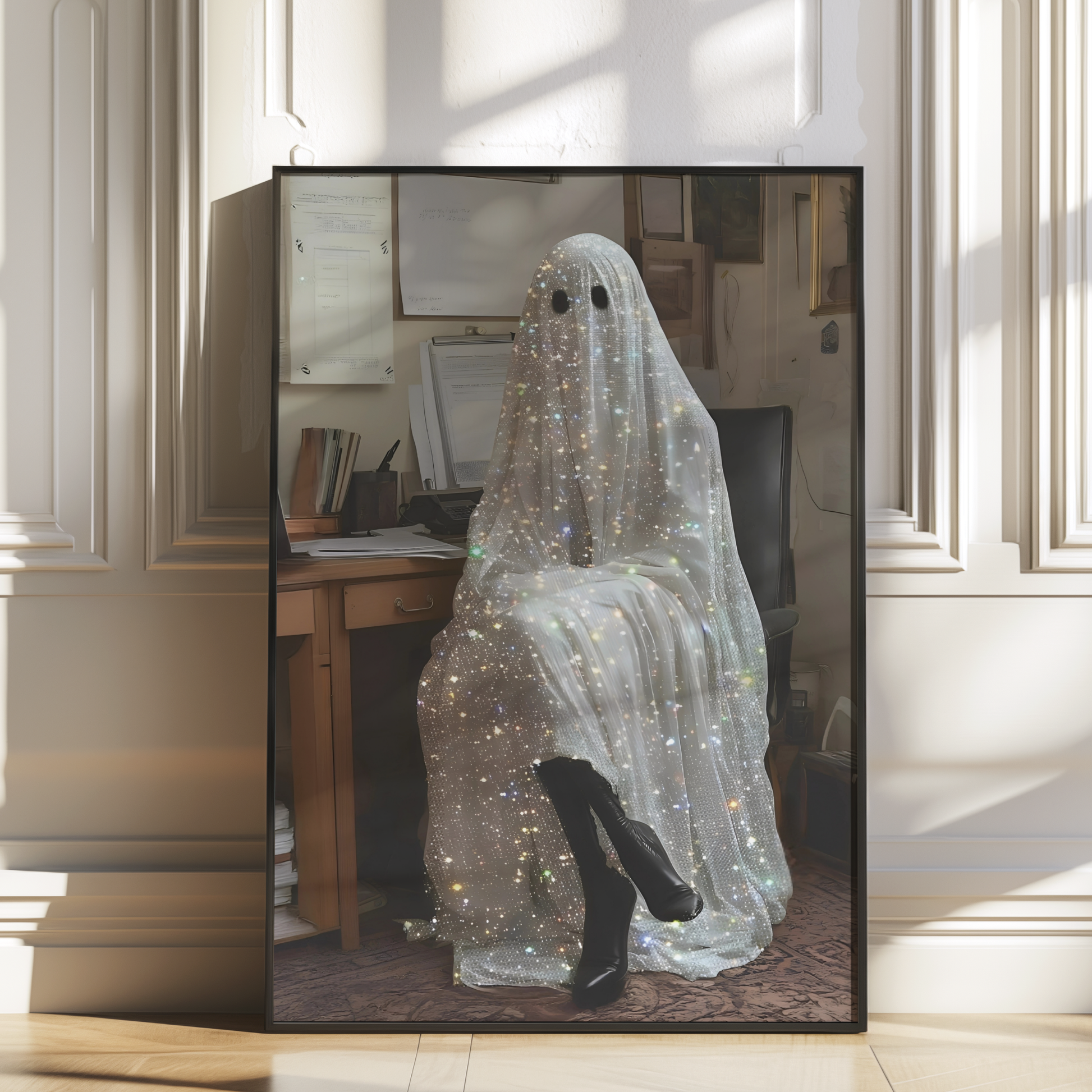 Funny Glitter Working Ghost Digital Print | Spooky Halloween Fall Printable Photography Poster | Retro Wall Art for Home Office Decor