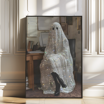 Funny Glitter Working Ghost Digital Print | Spooky Halloween Fall Printable Photography Poster | Retro Wall Art for Home Office Decor