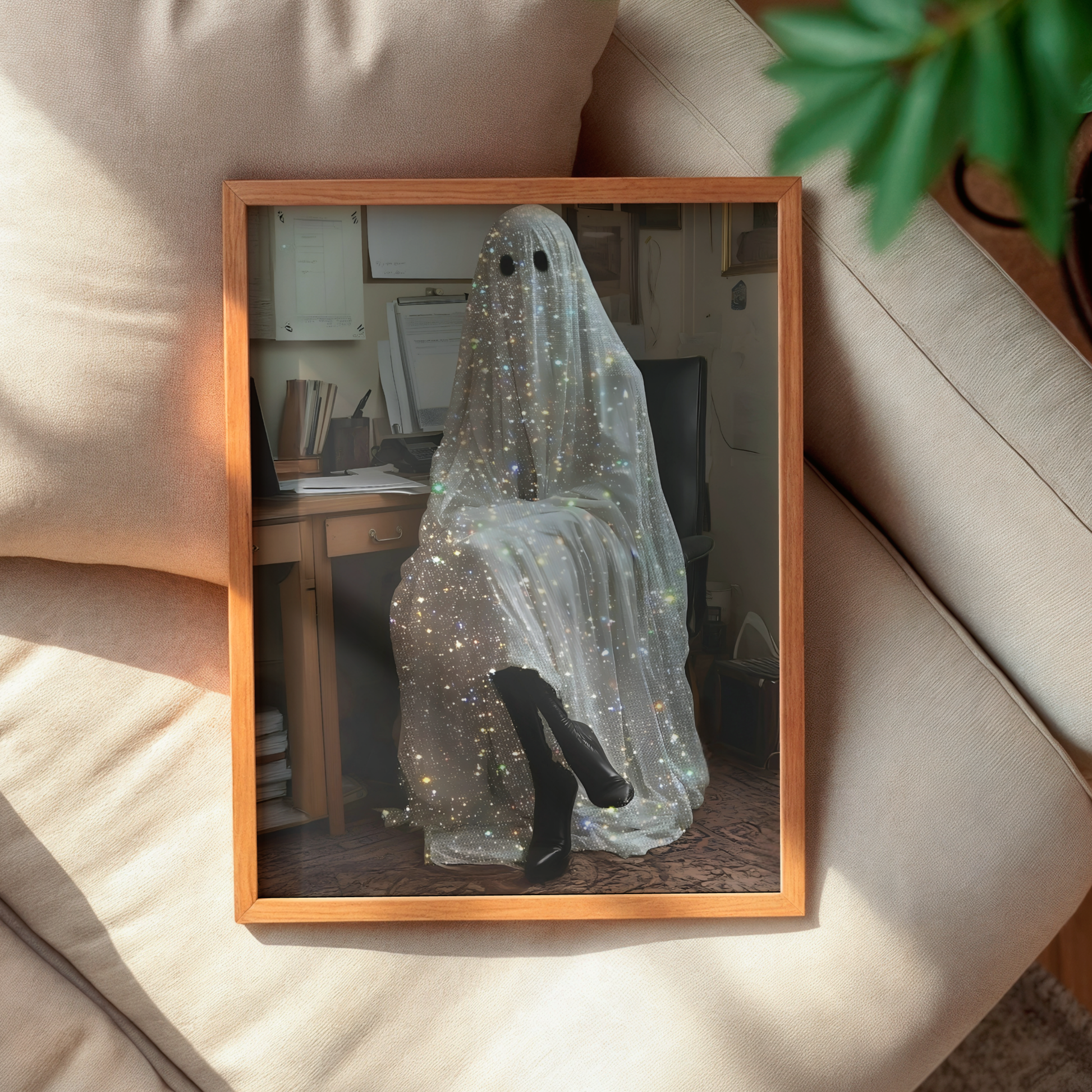 Funny Glitter Working Ghost Digital Print | Spooky Halloween Fall Printable Photography Poster | Retro Wall Art for Home Office Decor