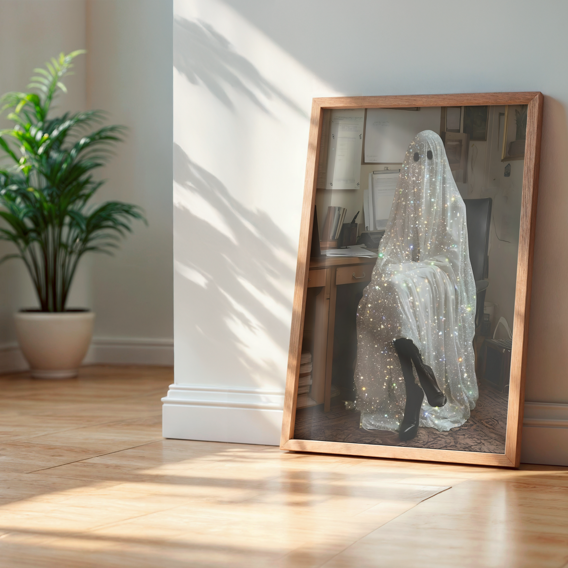 Funny Glitter Working Ghost Digital Print | Spooky Halloween Fall Printable Photography Poster | Retro Wall Art for Home Office Decor