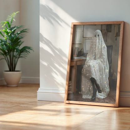 Funny Glitter Working Ghost Digital Print | Spooky Halloween Fall Printable Photography Poster | Retro Wall Art for Home Office Decor